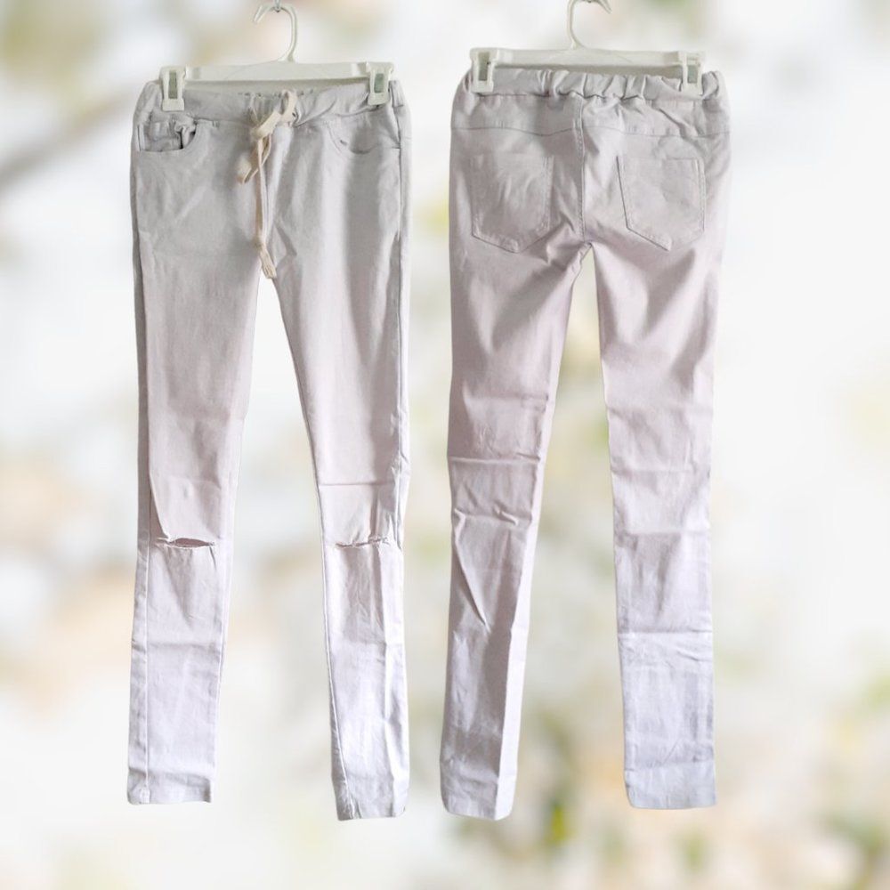 365  Distressed Ripped Knees Drawstring Skinny CottonBlend Off White Jeans Small